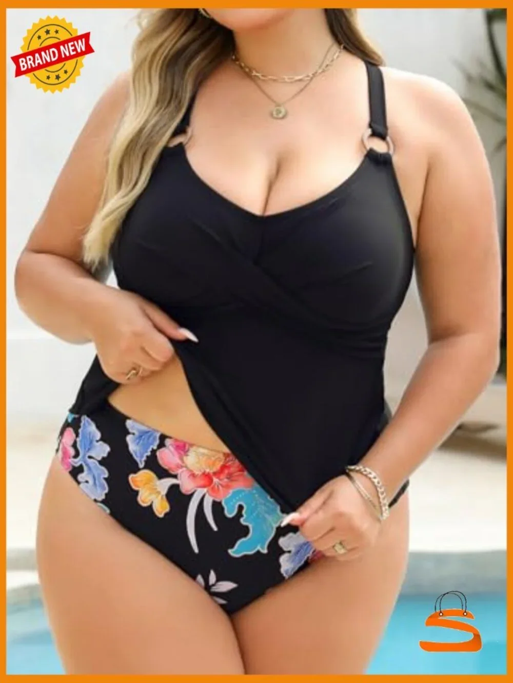 Plus Size Tankini Set V Neck Crisscross Back Tie O Ring